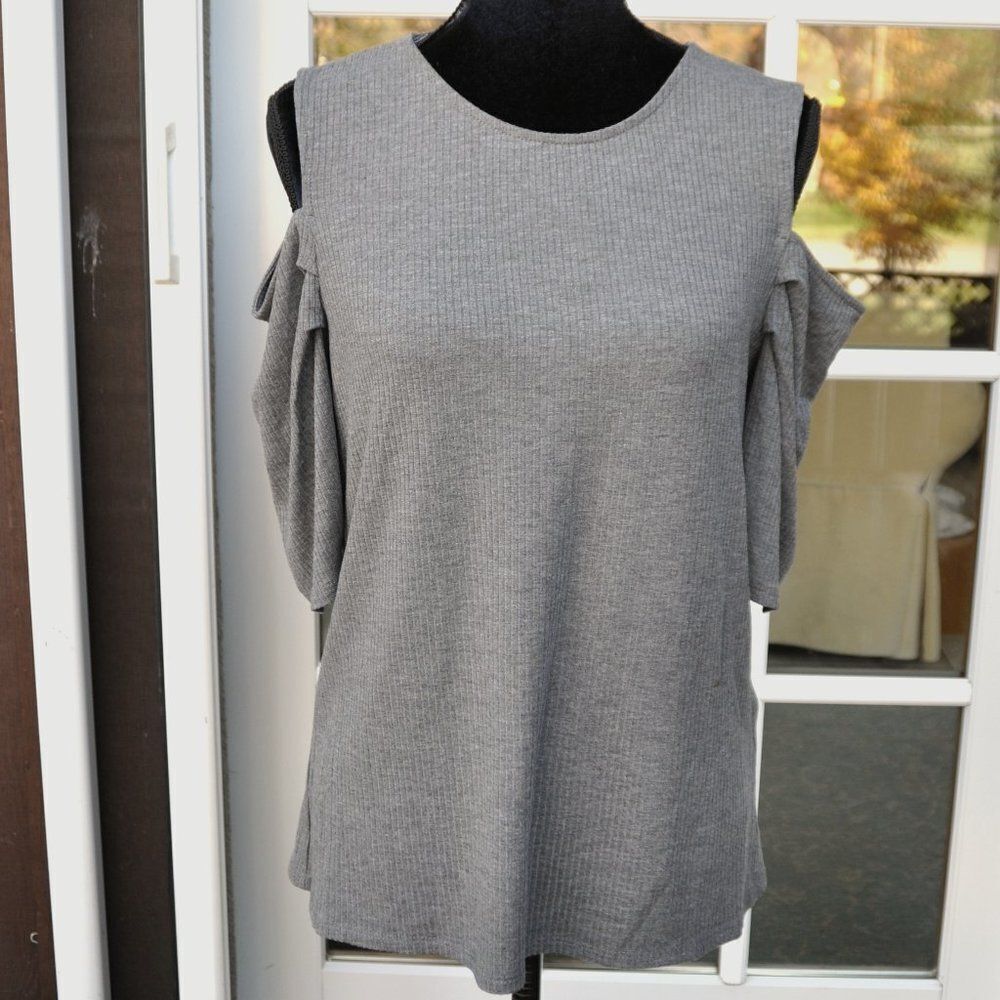 LUCKY BRAND XL Gray Ribbed Open Shoulder T-shirt Top Blouse NWT NEW